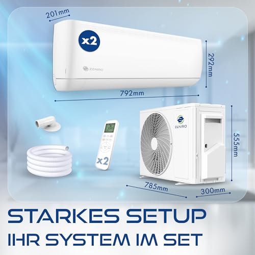 ZENIRO Klimaanlage Multi Split Klimagerät Set Air Conditioner mit Heizfunktion (2x 2,6kW (jeweils bis 45 m²) | Außen: 5,3kW)