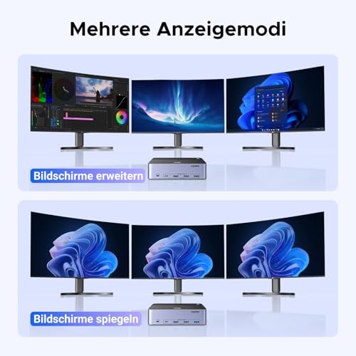 UGREEN HDMI+DP KVM Switch 2 PC 3 Monitore 8K60Hz mit 4 USB 3.0 Ports | 2DP+1HDMI KVM Switch 2 In 3 Out mit 4DP+2HDMI Kabeln; 4 USB 3.0 Ports Jede 5 Gbps Kompatibel mit Windows/Linux
