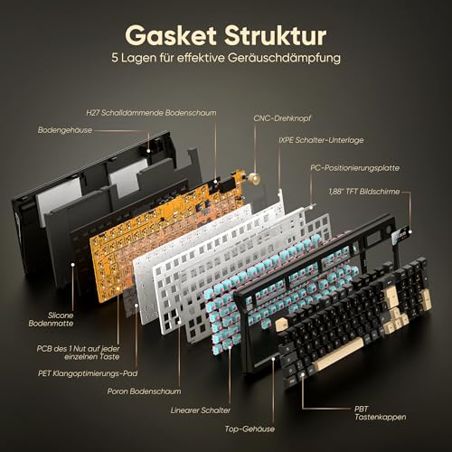 RedThunder K95 Kabellose Mechanische Gaming-Tastatur mit 1,88” Display & Knopf, QWERTZ 96 Tasten, Gasket, BT/USB-C/2,4GHz, Software, Hot-swap, Linear-Pink-Schalter, RGB, PBT-Tastenkappen, 8000mAh.