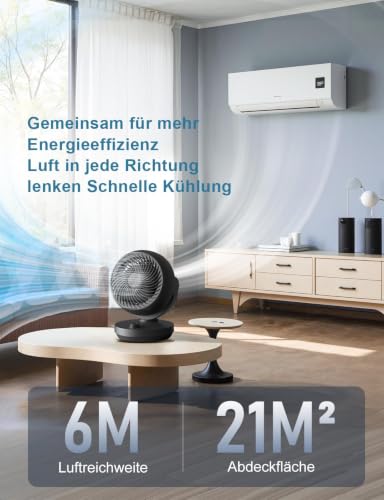 Ventilator Leise, 22dB Tischventilator mit Luftzirkulation, Leistungsstarken 3D Turbo Air Circulator, 3 Stufen & 100°/90° Verstellbarer Neigung, für Schlafzimmer, Büro und Wohnzimmer bis 21m², Schwarz