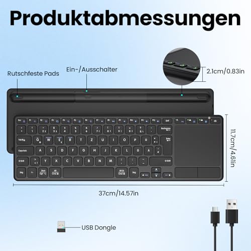 Bnnwa Wiederaufladbare Kabellose Bluetooth Tastatur mit Touchpad,DE QWERTZ | Bluetooth & 2.4GHz Dual,Multi-Device Tastatur mit Touch Trackpad für Smart TV/PC/Laptop/Tablet,iOS/Android/Windows