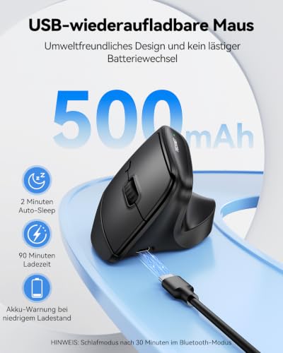 TECKNET Ergonomische Maus Kabellos, Bluetooth Vertikale Maus (BT 1+BT 2+2.4G), 5 Einstellstufen bis 4800 DPI, USB-A-Empfänger, Wiederaufladbar Leise Funkmaus für Laptop PC Computer Windows, Schwarz