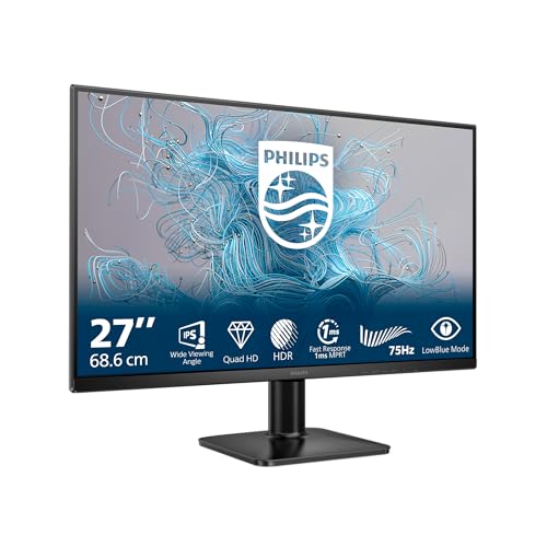 PHILIPS 27E2N1500L 27 Zoll QHD Monitor, 75Hz, IPS, 1ms MPRT Adaptive Sync HDR10 Höhenverstellung (2560x1440,HDMI 1x1.4,DP 1x 1.4) Schwarz