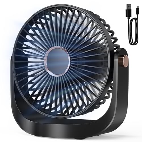 AICPAN Ventilator Leise - Tischventilator mit Nachtlicht，3000mAh USB Wiederaufladbarer Kleiner Ventilator, 5 Geschwindigkeiten, 360° verstellbare Neigung für Büro Schlafzimmer Zuhause, Schwarz