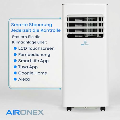 Aironex Mobiles Klimagerät 7000 BTU – Klimaanlage Weiß – Klimagerät mit Fensterabdichtung – Leise Klimaanlage mit Fernbedienung – Mobiles Klimagerät für Schlafzimmer, Wohnzimmer und Büro