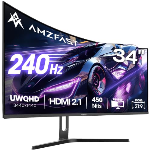 Amzfast 34 Zoll Curved Gaming Monitor, 3440x1440 UWQHD, 240Hz, 1ms MPRT, 1500R VA Curved, 21:9, 3000:1 Kontrast, 450cd/m², 131% sRGB, Adaptive Sync, Pip/PBP, HDMI2.1&DP1.4, VESA100×100, AMZG34C8 Pro