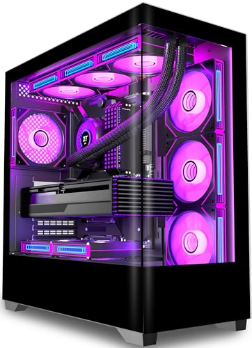 KEDIERS PC Gehäuse Vorinstallierter 7 × 120MM PWM ARGB Lüfter, ATX Mid Tower PC Gehäuse, Computergehäuse mit Panoramaaussicht Gehärtetes Glas Front Panel,Schwarz，P4 ARGB