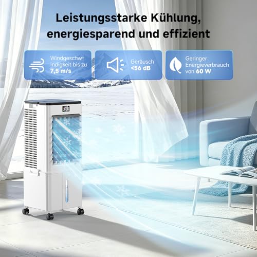 Klimaanlage Mobil 10L, 60W Klimagerät ohne Abluftschlauch 4-in-1, Klimaanlage mit 12H Timer, 4 Modus, 120°Oszillation, Abnehmbare Wassertank, Klimageräte Tragbarer Luftkühler für Wohnung Zimmer Räume