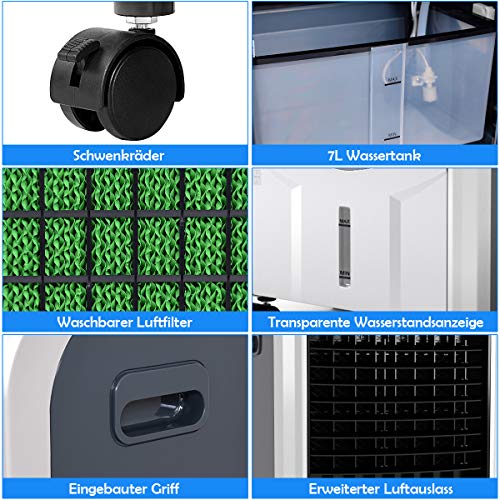 COSTWAY Mobile Klimaanlage ohne Abluftschlauch, 4 in 1 Luftkühler & Luftbefeuchter & Ventilator & Heizlüfter, 7L Wassertank, 8H Timer, Schwenkbereich: 70°, 3 Geschwindigkeiten, inkl. 2 Kühlakkus
