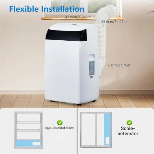 Leise Mobiles Klimagerät, 12000 BTU, Kühlung, Belüftung, Entfeuchtung, 41-51 m², 24-Stunden-Timer, mit Digitalanzeige und Fernbedienung, Energieeffizienzklasse A