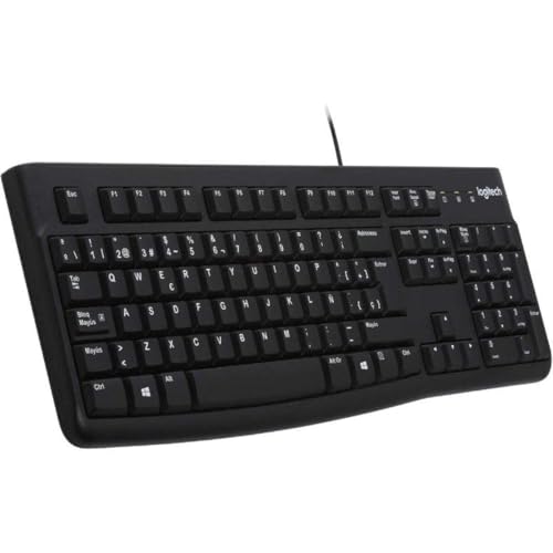 Logitech K120 Kabelgebundene Business Tastatur für Windows und Linux | USB-Anschluss, Leises Tippen, Robust, Spritzwassergeschützt, Tastaturaufsteller, Spanisches QWERTY-Layout - Schwarz