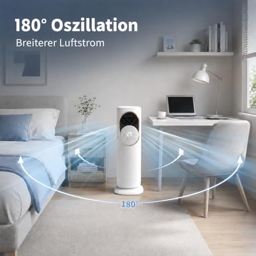 LANMOU Luftkühler mit Wasserkühlung, 4-Liter-Tank, Heizfunktion | Mobiles Klimagerät ohne Abluftschlauch, 180°-Oszillation, 3 Geschwindigkeiten, Touchscreen und Fernbedienung