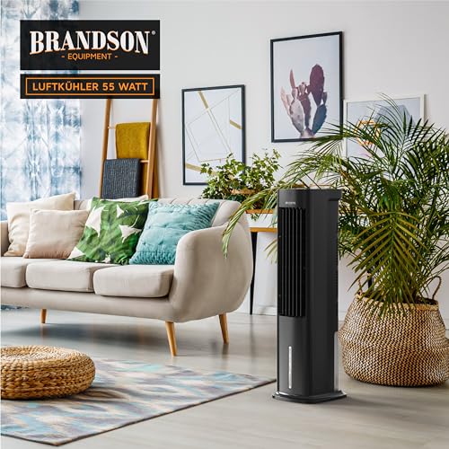 Brandson Luftkühler Wasserkühlung, Turmventilator, Fernbedienung, Schwarz | Verdunstungskühler ohne Abluftschlauch, 5 L Wassertank, 2 Kühlakkus, 330 m³/h, 60° Oszillation, 3 Stufen, Timer, Autostopp