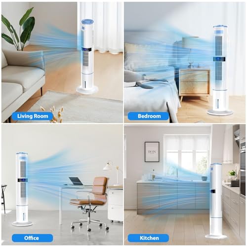 Klimaanlage Mobil, Klimagerät Ohne Abluftschlauch mit leisem Schlafmodus, Turmventilator 65 W, 1–24 Stunden Timer, 4 Modi, 60° und 360° Oszillation, 4 l Wassertank, mit 4 Kühlakku Fernbedienung