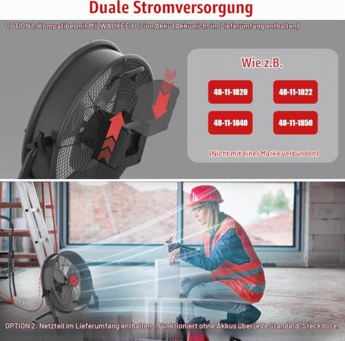 ILIKEPOW Akku Bodenventilator kompatibel mit Milwaukee 18V Akku, 12 Zoll Kabelloser Ventilator Leise, Netzteil, 2 USB Ladeanschluss, Stufenlos Regelbar für Baustelle, Werkstatt, Camping (ohne Akku)