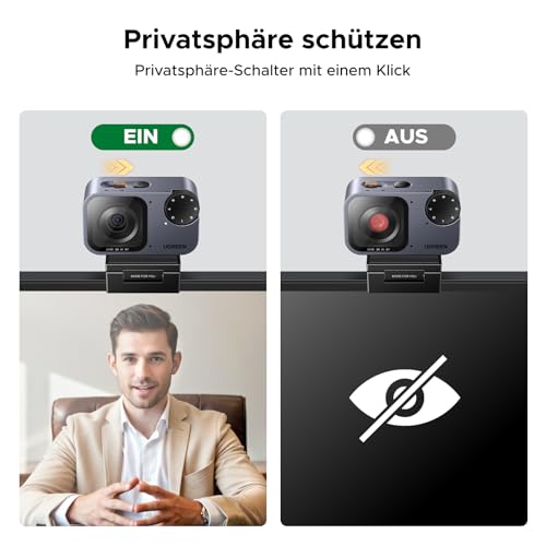 UGREEN FineCam Pro 2K, Autofokus, KI-Gestensteuerung, mit Objektivdeckel | USB-C Wecbam, 2K 30FPS, Face AE, KI-Rauschunterdrückung, Filteroptionen, Porträtmodus, Stativ, PC Kamera für Laptop/Switch 2