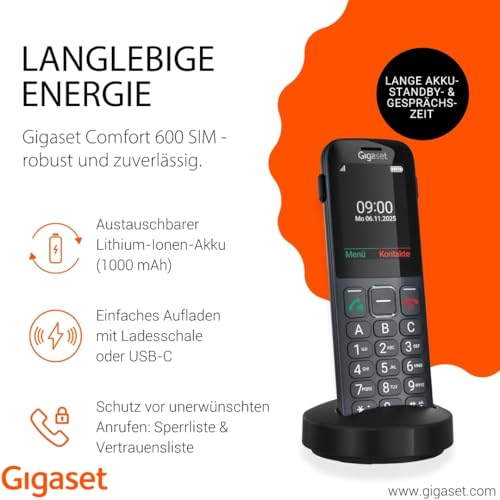 Gigaset Comfort 600 SIM 4G-Volte-Telefon, 4G-Technologie, Anthrazit | 2,4-Zoll-Display, Bluetooth, Hörgerätekompatibel, 500 Stecker, Made in Germany, [Kompatibel in DE, IT, FR, NL, BE, AT]