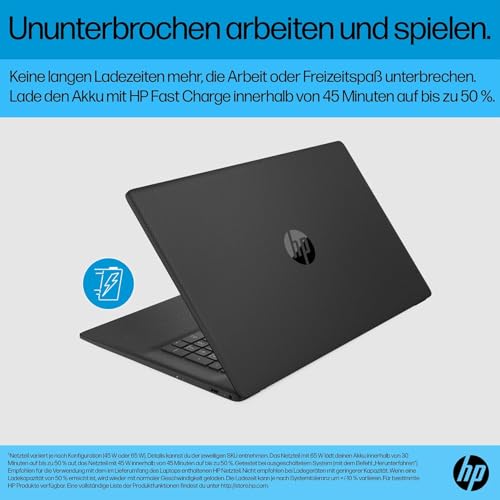 HP Laptop mit 17,3" HD+ Display, Intel Celeron N4120, 8 GB DDR4 RAM, 256 GB SSD, Intel UHD-Grafik, Windows 11, QWERTZ Tastatur, Schwarz