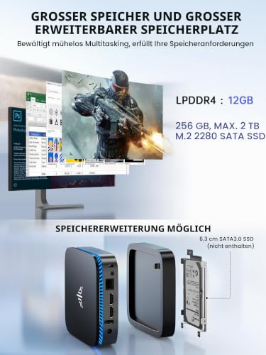 ACEMAGICIAN Mini PC Intel N5030 (bis zu 3,1 GHz) 12GB RAM 256GB SSD | + 2.5″ SATA Schacht, Windows 11 Pro, 4K Dual Display 2× HDMI, Gigabit LAN Mini Desktop PC für Business, Office, Heimkino
