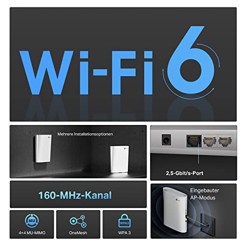 TP-Link RE900XD WiFi 6 WLAN Verstärker Repeater AX6000, 160-MHz-Kanal, 2,5-Gbit/s-Port + 2× Gigabit-Ports, 4×4 MU-MIMO, WPA 3, Der leistungsstärkste Wi-Fi 6 Repeater von TP-Link