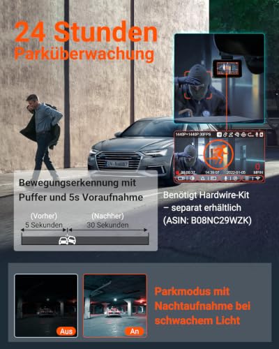 VANTRUE E2 2.7K+2.7K Dashcam vorne hinten, WDR Nachtsicht mit Fernbedienung | Dash cam Dual 1944P Front und Hinten, 5GHz WiFi 9MB/S GPS, 24/7 Parküberwachung, G Sensor, Sprachbefehle, 2.45’’