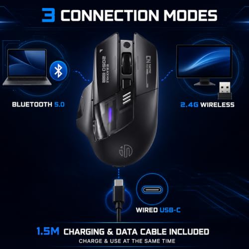 inphic A9 Explorer V2 Kabellose Gaming‑Maus, 12800 DPI leise | Tri‑Modus 2,4G / USB‑C‑Kabel / Bluetooth, wiederaufladbar, RGB‑Beleuchtung, sichtbare Akku‑Anzeige für Laptop, PC, Computer