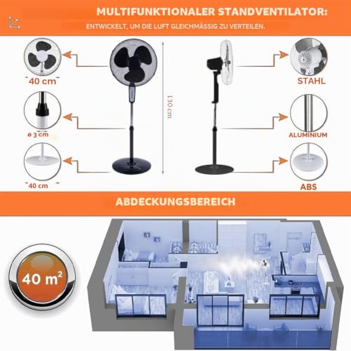 BAKAJI Standventilator mit Fernbedienung, Leistung 50 W, 3 Geschwindigkeiten, 40 cm, Höhe und Neigung einstellbar bis zu 130 cm, Timer-Funktion, rund, horizontale Schwingung (schwarz)