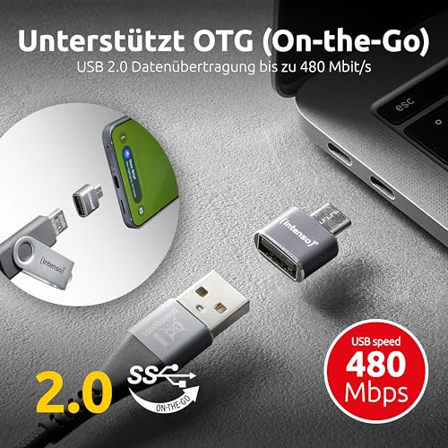 Intenso Adapter USB-A zu USB-C (A480C) 3er Pack, OTG fähig, Grau | Aluminium USB 2.0 Adapter Stecker mit 480 Mbit/s, 3A Laden, kompakte Bauform für Smartphone, Tablet und PC Zubehör