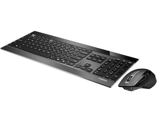 Rapoo 9900M Tastatur Maus Set Kabellos - Bluetooth & 2.4G USB Wireless, Multi Device bis 4 Geräte, Aluminium Gehäuse flach, Akku wiederaufladbar, Daumenscrollrad, QWERTZ Layout Deutsch, schwarz