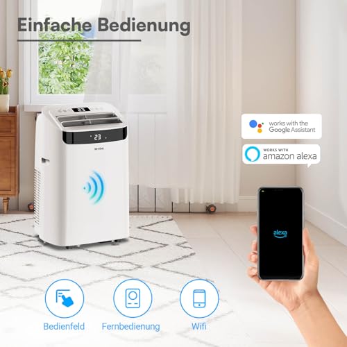 BE COOL mobiles Klimagerät 14000 BTU mit Heizung & WLAN, 4 in 1 Klimaanlage mit Entfeuchter und Ventilator, für Räume bis 48 m², Fernbedienung, Timer, Alexa & Google Assistant, weiß