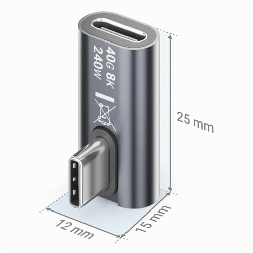 deleyCON USB-C Winkeladapter 90 Grad, 40Gbps, 240W, USB 4.0, Typ C, 2 Stück | 8K60Hz, Aluminium Gehäuse, Typ C Stecker auf Buchse, für Smartphone, Tablet, Laptop, Notebook, MacBook, PS5 usw.