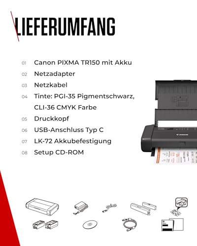 Canon PIXMA TR150 mobiler Drucker (WLAN, Cloud, AirPrint, 4.800 DPI x 1.200 DPI, Highspeed USB Typ C, OLED-Display, Tintenstrahldrucker), schwarz, 322 x 185 x 66 mm