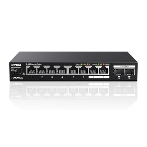 Tenda 2.5 Gbit Switch mit 8X 2.5G Ports & 2X 10G SFP+, Unmanaged LAN Switch | VLAN, Statische Aggregation, Plug & Play Netzwerk Switch für 2.5G NAS/Gaming-PC/AP, Wandmontage, Lüfterlos, Metallgehäuse