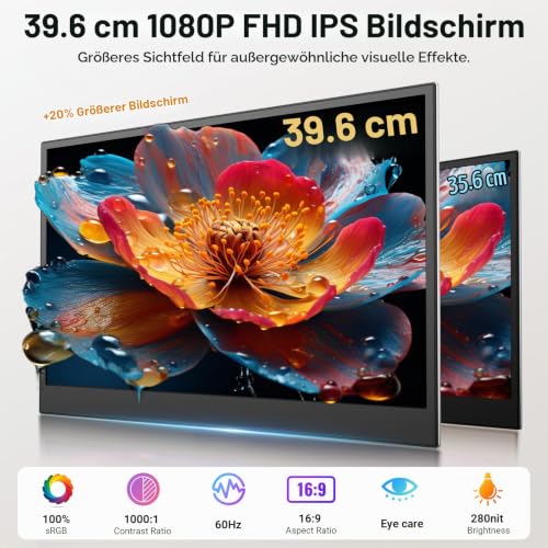 15,6" Laptop Bildschirm Erweiterung, ultraleichter 1080P FHD tragbarer Dreifach-Monitor für 13–17,3"Laptops, USB-C/HDMI Plug & Play Laptop Monitor Erweiterung kompatibel mit Windows/MAC/Chrome/Android