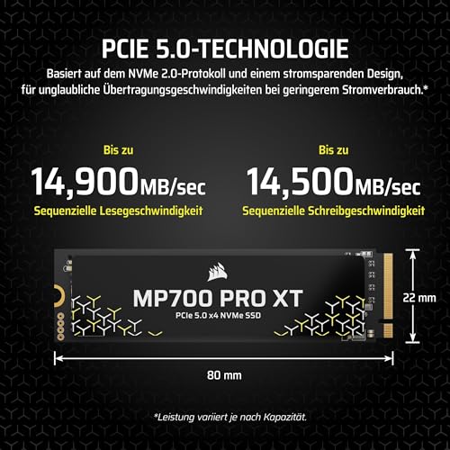 Corsair MP700 PRO XT 4TB PCIe 5.0 NVMe M.2 SSD – Bis zu 14.900 MB/s, Gen5-Geschwindigkeit, DirectStorage Ready für Gaming-PCs – Schwarz