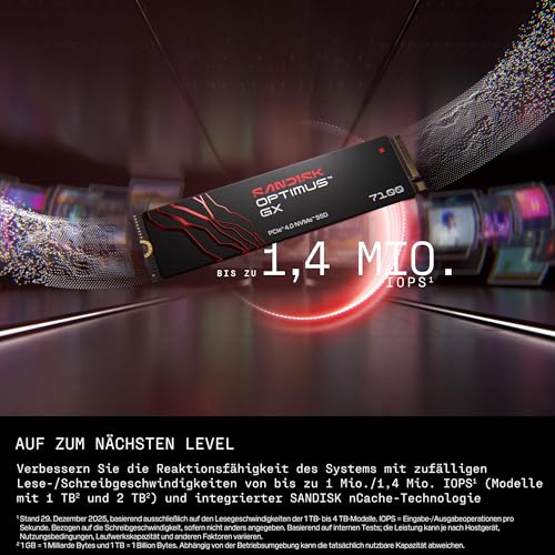 SANDISK Optimus GX 7100 NVMe SSD 500 GB (bis zu 7.250/6.900 MB/s sequentielles Lesen/Schreiben, PCIe 4.0, M.2 2280, BiCS TLC 3D CBA NAND, SANDISK Dashboard)