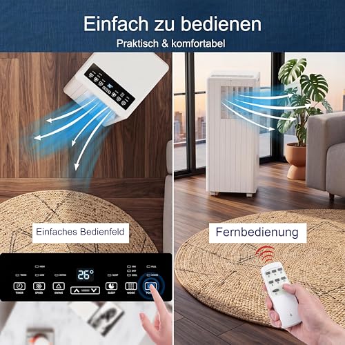 Koioplie Mobile Klimaanlage 9000 BTU 2,6 kW mit Dual-Schlauch-System, flüsterleise ≤45 dB, 3 Betriebsarten Mobilklimaanlage, 24h Timer, inklusive Fernbedienung, effiziente Kühlung für Räume bis 35 m²