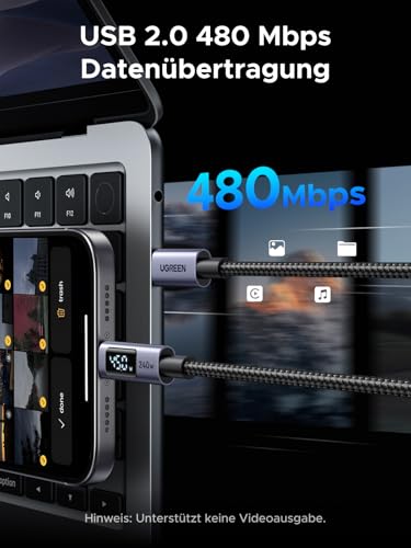 UGREEN 240W USB-C Kabel mit Digital Display PD3.1 Schnellladekabel | USB-C auf USB-C Kabel mit Ladeleistungsanzeige und E-Marker für iPhone 17 Serie, Galaxy S26, MacBook, iPad usw.（1M 1 Stück）