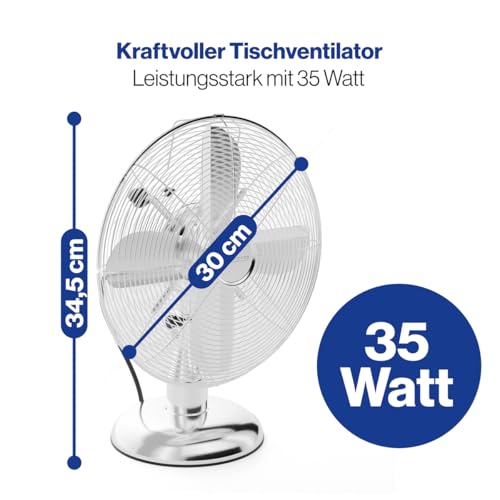 ProfiCare® Ventilator mit Schwenkfunktion I Ventilator leise 3 Stufen I Ø 30 cm I Tischventilator 35W I Fan I Tischventilator sehr leise I PC VL 3063 M chrom