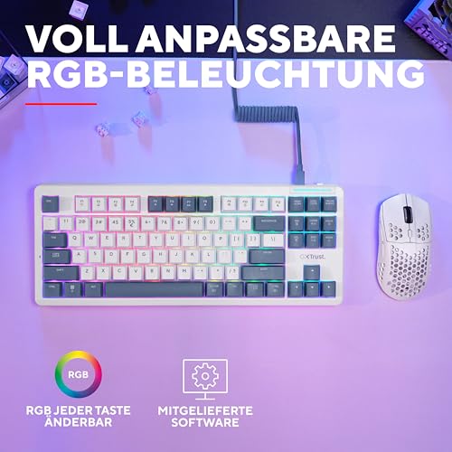 GXTrust Xyra Gasket TKL Mechanische Tastatur Deutsches Layout (QWERTZ) | Hot-Swap Creamy Gaming Tastatur 80%, USB Kabel, RGB Beleuchtung Programmierbar, 5-pin Leobog Linear 60M Schaltern, Weiß