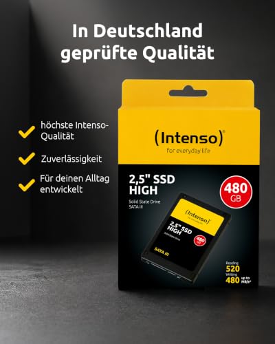 Intenso Interne 2,5" SSD SATA III High, 480 GB, 520 MB/Sekunden, Schwarz | Bis zu 520 MB/s Lesegeschwindigkeit, stoßfeste Solid State Drive für Laptop & PC, geräuschloser 0 dB Betrieb
