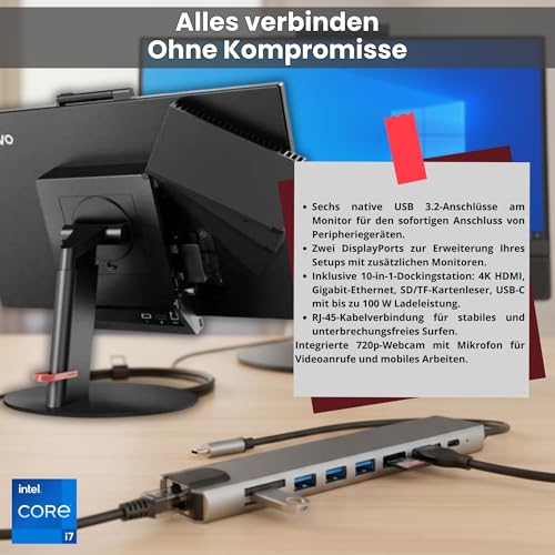 Lenovo All in One ThinkCentre TIO24 24 Zoll Full HD | Intel Core i7 | 16 GB | 512GB SSD | DOKING Station 10 IN 1 Webcam Win 11 Pro 36 Monate Garantie Generalüberholt (Kit Tastatur und Maus Italian)