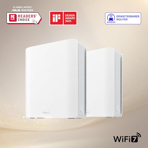 ASUS ZenWiFi BT8 Tri-Band WiFi 7 Smart AiMesh Extendable Router 2er Pack | 6 GHz WLAN, 14 Gbps, bis zu 550m² Abdeckung, Dual 2.5G Ports, Kindersicherung, VPN, weiß