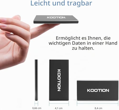 KOOTION Externe Festplatte SSD 500GB, Externe Portable SSD Hard Drive USB 3.1 Typ-C Schnell Solid State Drive Disk High Speed bis zu 550MB/s Festplatte Tragbar Ultra-Slim für Windows/MacBook/Xbox/PS4