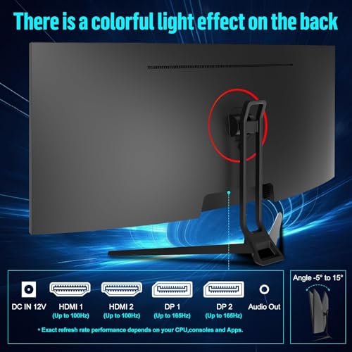 Gawfolk Gaming Curved Monitor 34 Zoll 165Hz, 1500R Ultrawide PC Bildschirm UWQHD 3440x1440P, Gebogenes Computerbildschirm, VA, Displayport, HDMI, VESA 75 * 75mm
