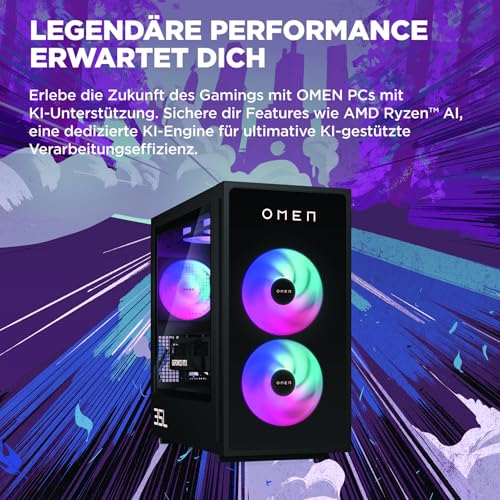 HP Omen GT16-0278ng 35L Gaming Desktop PC, AMD Ryzen 7 8700F, 32 GB DDR5-SDRAM, 2 TB SSD, NVIDIA GeForce RTX 5070 Ti, Tower PC, Windows 11 Home, Schwarzes Metall mit Glas Blende