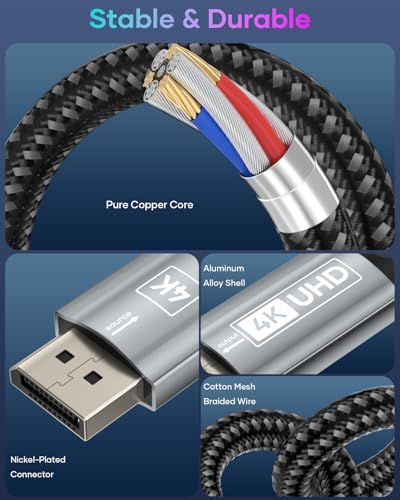 Nersligek 4K DisplayPort zu HDMI Kabel 2M, DP zu HDMI Stecker UHD 4K@30Hz/2K@60/1080P@120 Nylon DP zu HDTV Uni-Direktionales Kabel für Dell, Projektor, Desktop, AMD, NVIDIA, Lenovo, HP, ThinkPad