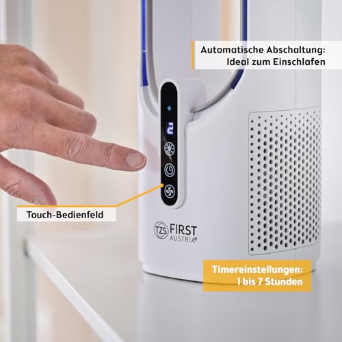 TZS First Austria - Akku Tischventilator - 5W - 3 Stufen & Timer - Leiser Turboloser Ventilator mit 7-Farben Nachtlicht & USB-C - Touch-Bedienung - Weiß