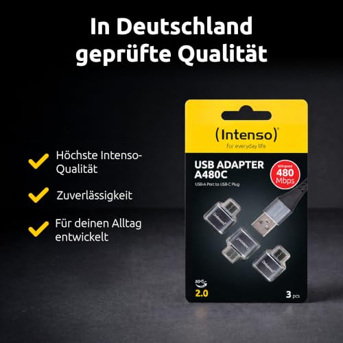 Intenso Adapter USB-A zu USB-C (A480C) 3er Pack, OTG fähig, Grau | Aluminium USB 2.0 Adapter Stecker mit 480 Mbit/s, 3A Laden, kompakte Bauform für Smartphone, Tablet und PC Zubehör