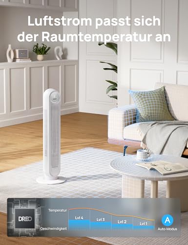 DREO Leiser Turmventilator, 10 m Wurfweite 4 Geschwindigstufen 4 Modi 8 Std. Timer 90° oszillierende Ventilator mit Kühlung Fernbedienung für Schlafzimmer, Nomad One, Weiß